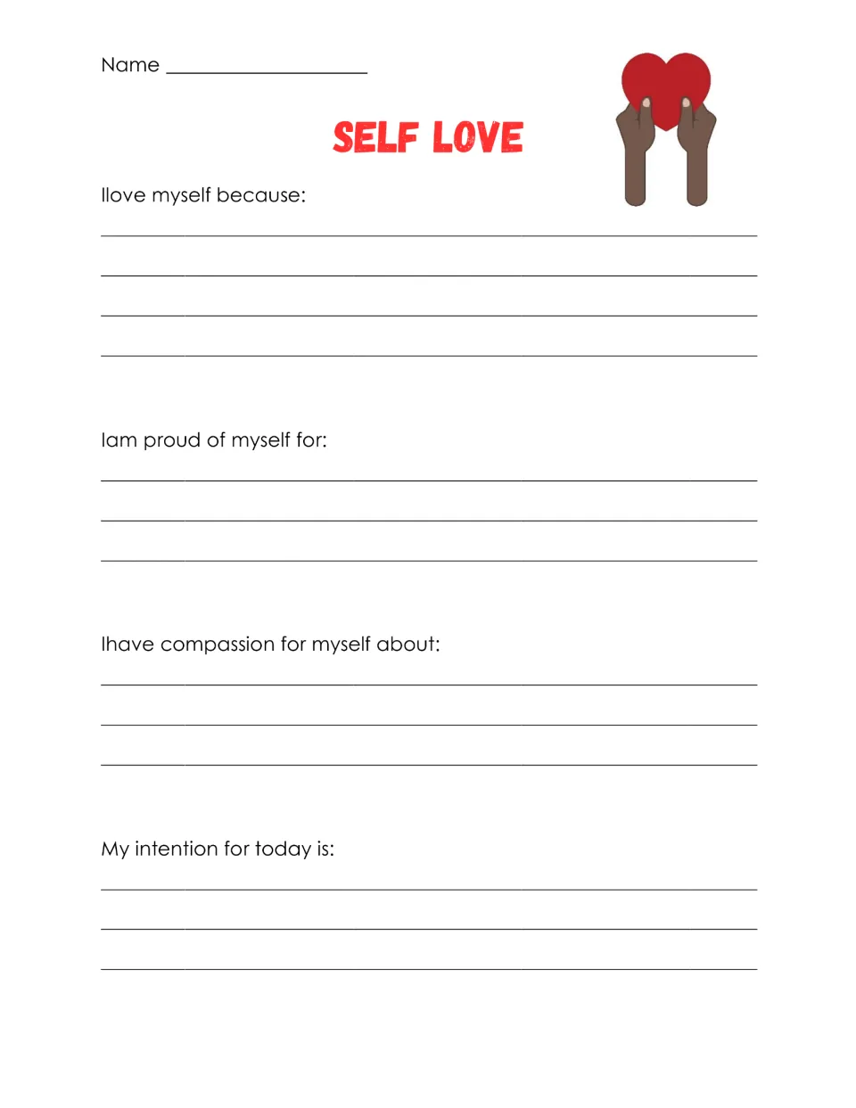 Self-love reflection prompts ask why you love yourself, what makes you proud, and how you show yourself compassion.