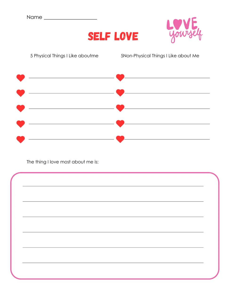 Self-love activity asks for five physical and five nonphysical things you like about yourself and a favorite trait.