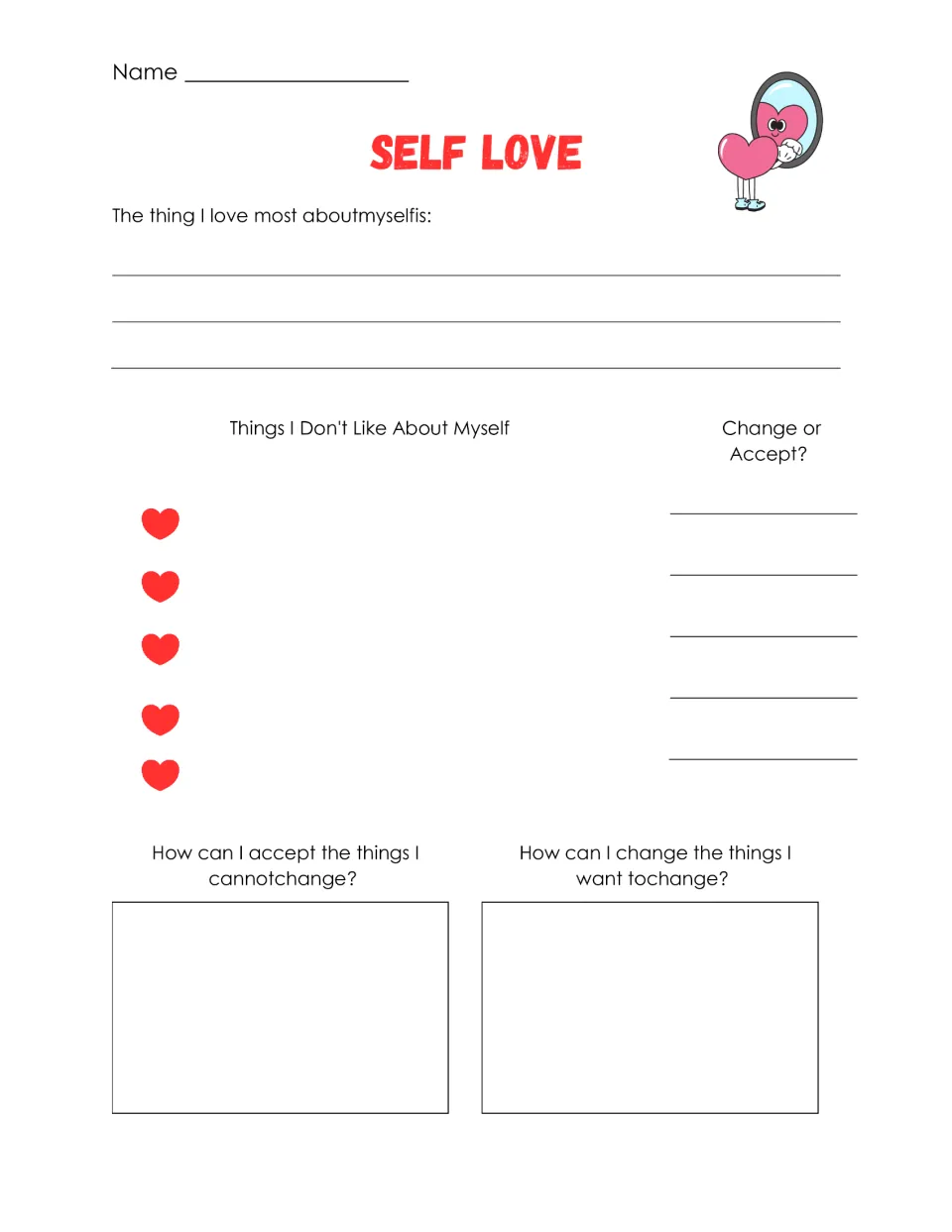 Self-love reflection asks what you love and dislike about yourself, what to change, and what to accept.
