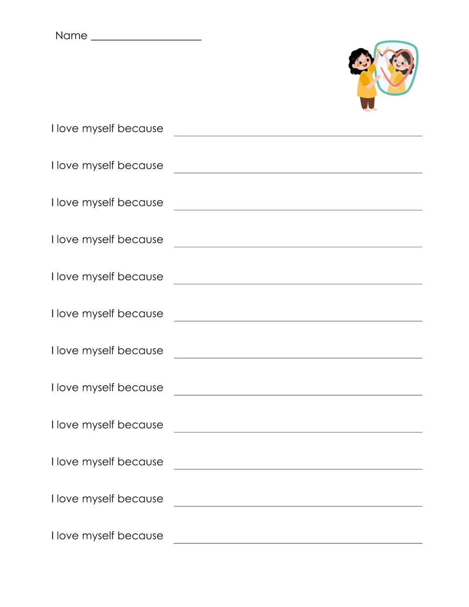 Self-love affirmation practice repeats 'I love myself because' twelve times for personal responses.