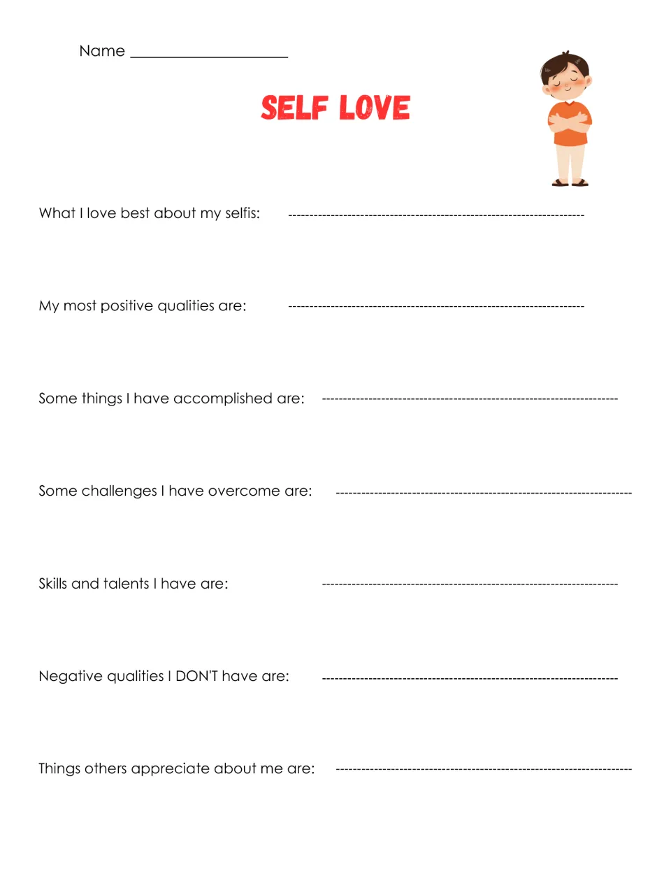 Self-love reflection explores positive qualities, accomplishments, challenges overcome, skills, and appreciation.