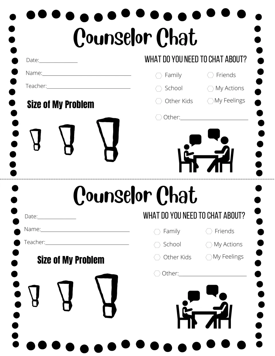 Counselor Chat referral slip, two per page: students write name, date and teacher, check a topic and rate problem size