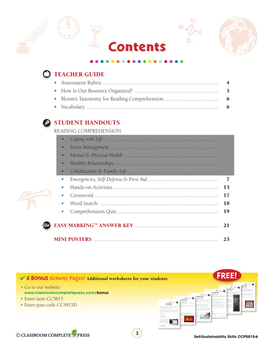 Contents lists teacher guidance, the emergency skills reading, activities, puzzles, quiz, answer key, and posters