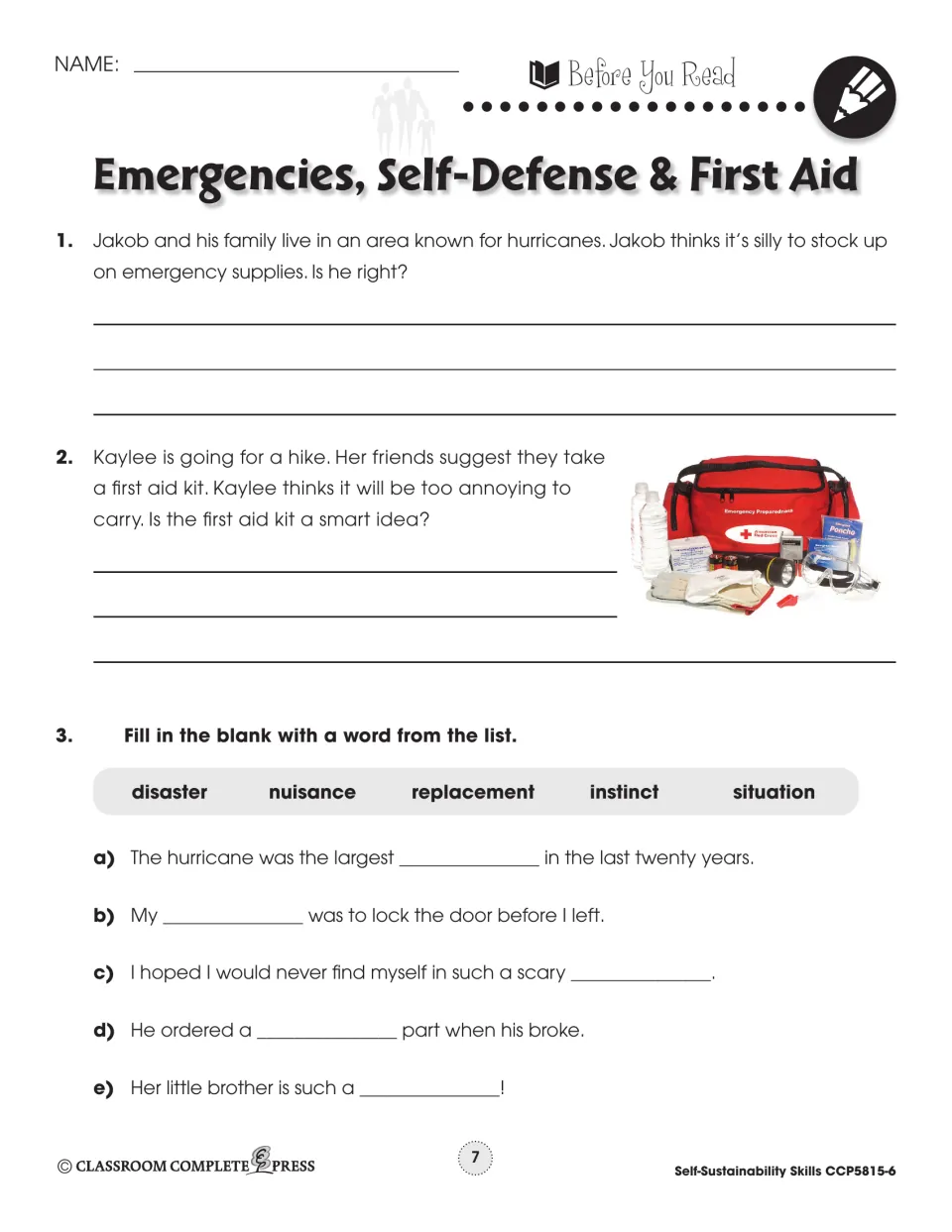 Before-reading practice asks about hurricane supplies and a hiking first aid kit, followed by five vocabulary blanks