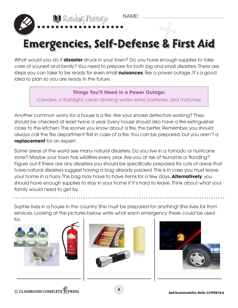 First reading passage covers power outages, house fires, and natural disasters, then asks students to identify supplies’ uses