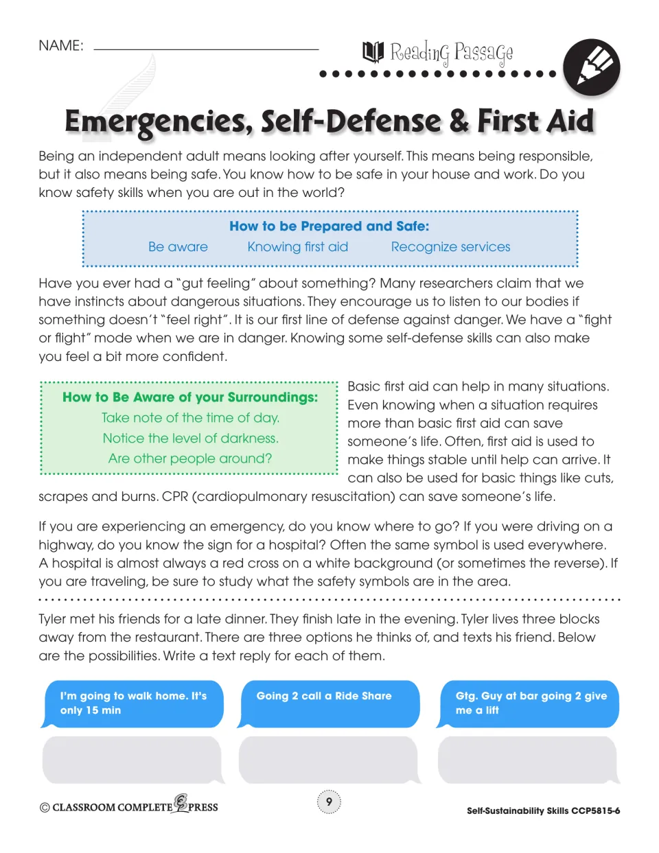 Second reading passage covers awareness, self-defense, first aid, and emergency services, with travel safety replies