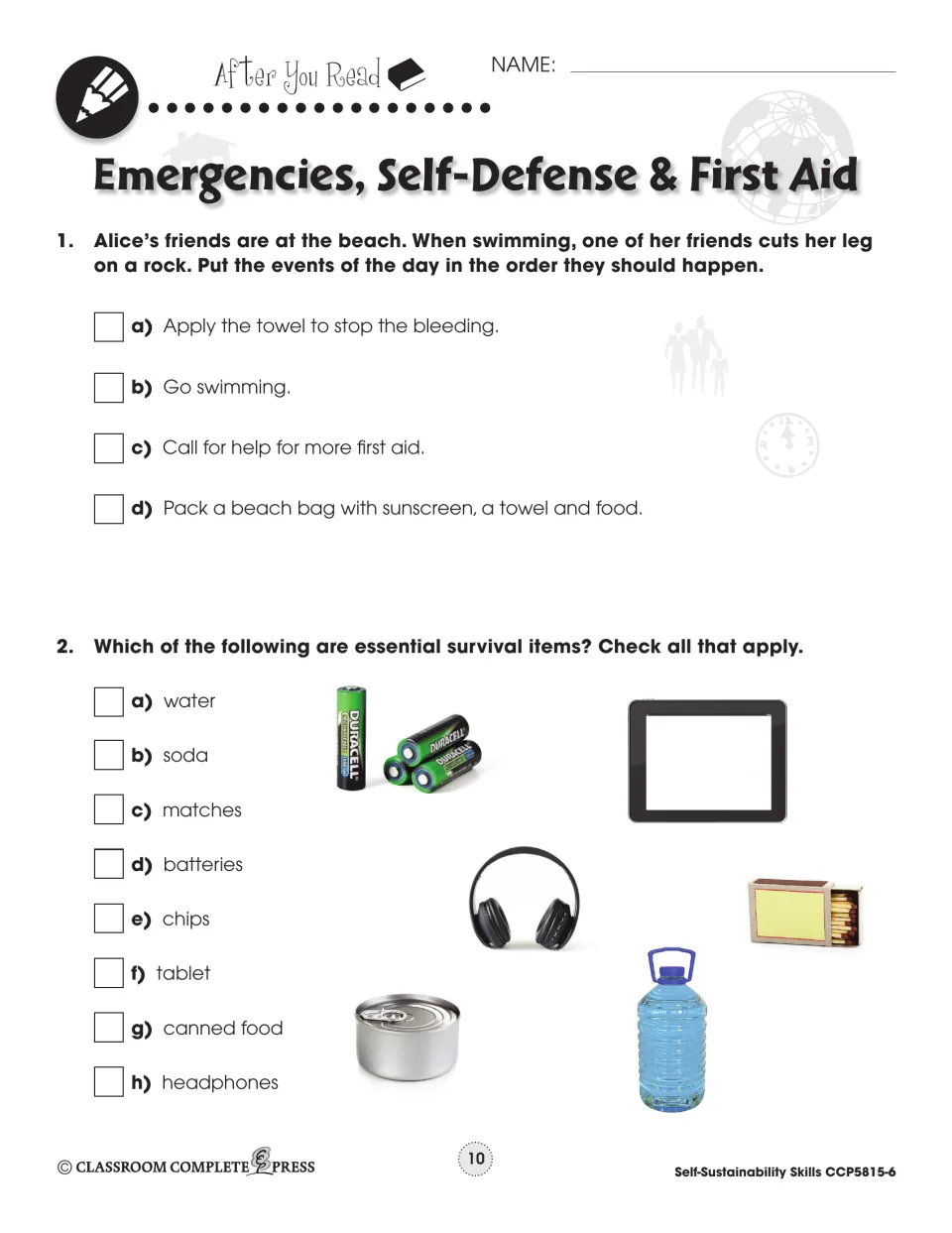 After-reading practice asks students to sequence a beach injury scenario and select essential survival supplies