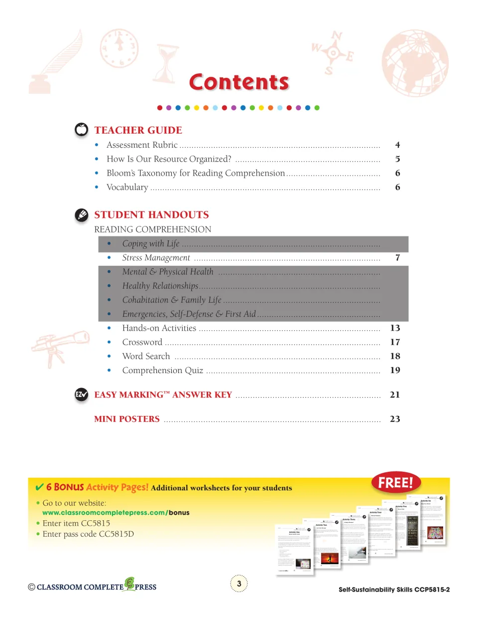 Contents listing teacher guide, stress management reading, crossword, word search, quiz, answer key and mini posters