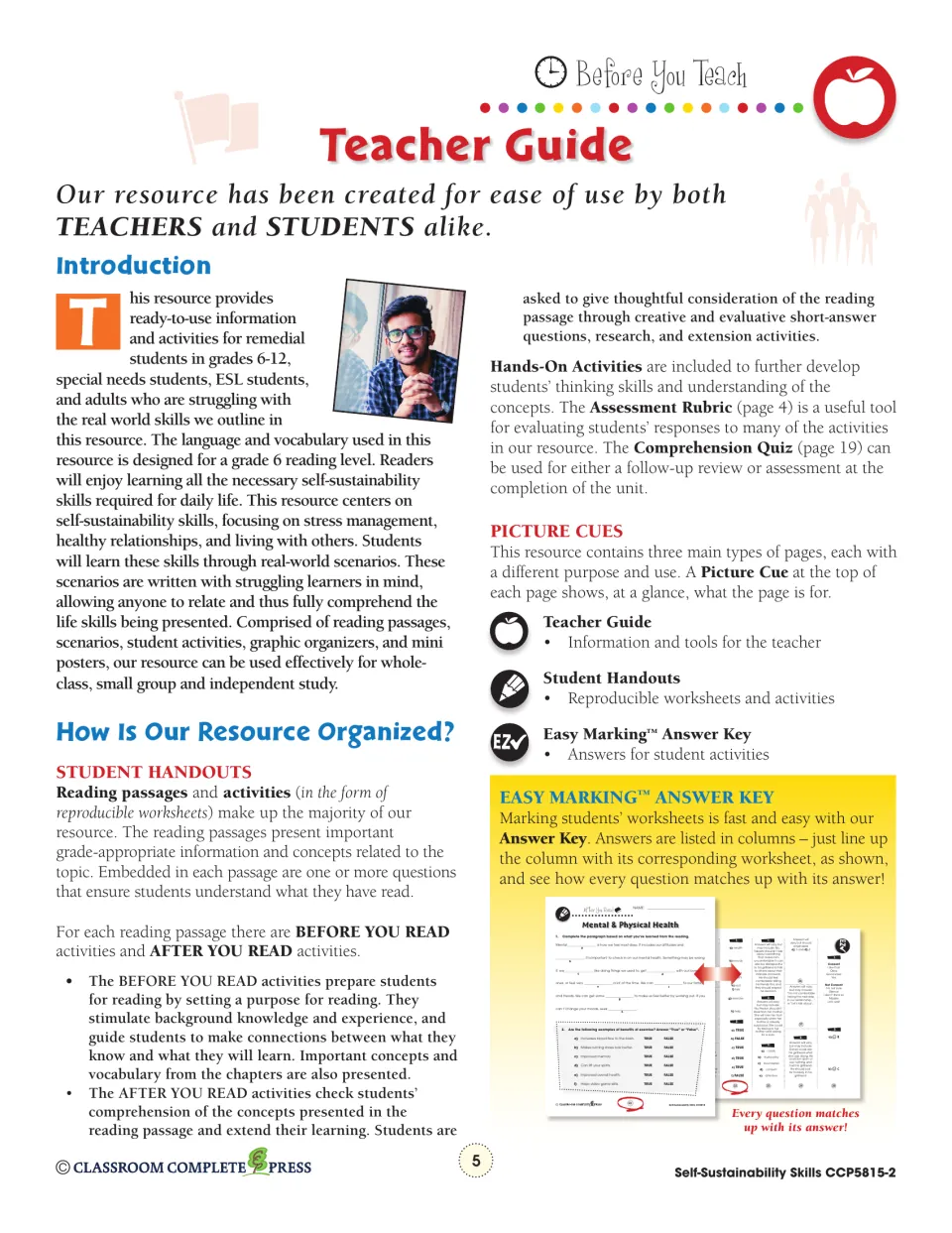 Teacher guide explaining the reading passages, before and after you read activities, picture cues and answer key