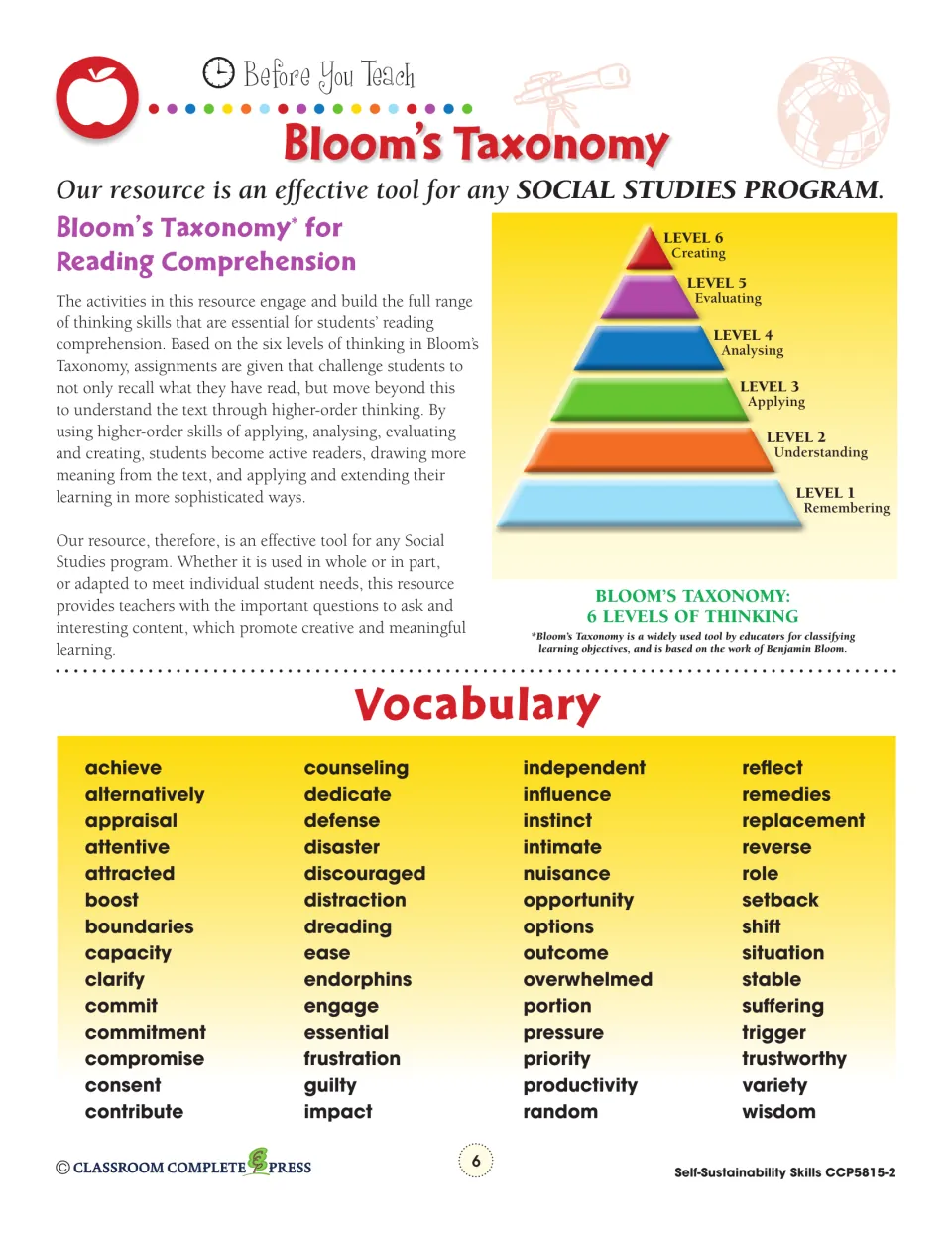 Bloom's Taxonomy pyramid of six thinking levels plus a vocabulary list of 56 words such as endorphins and boundaries