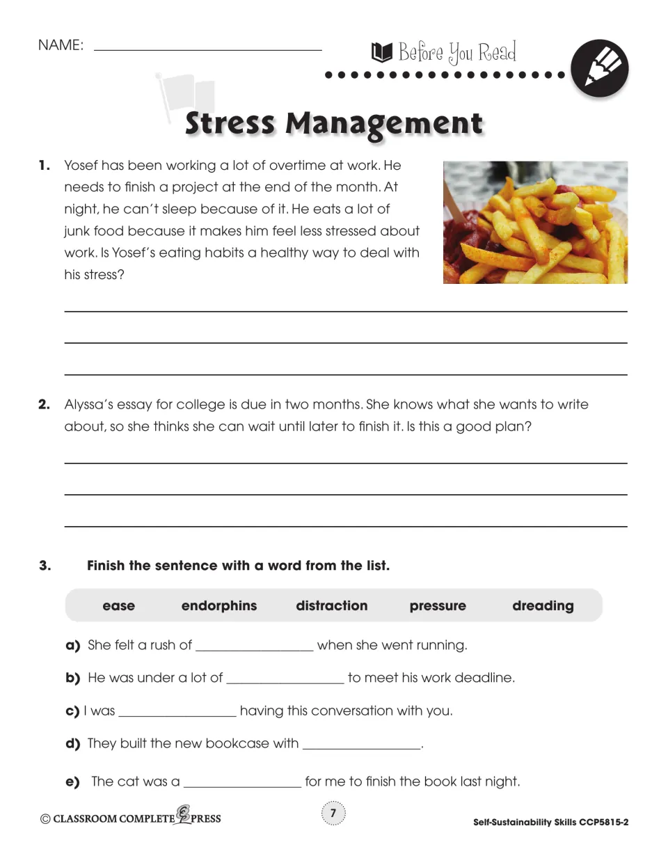 Before you read: students judge Yosef's junk food habit and Alyssa's essay plan, then fill blanks from a word bank