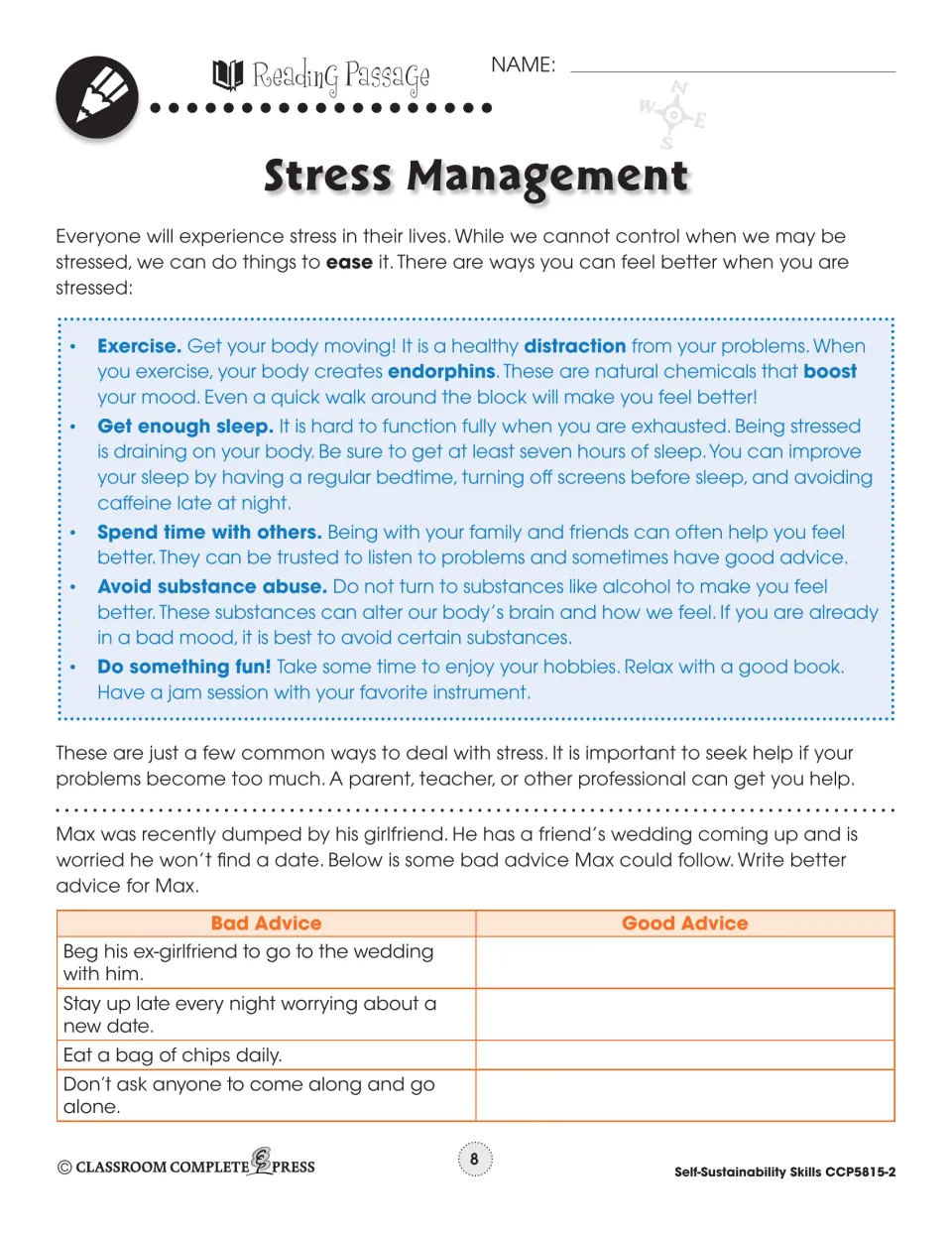 Reading passage on easing stress with exercise, sleep and friends; students rewrite bad advice for Max as good advice
