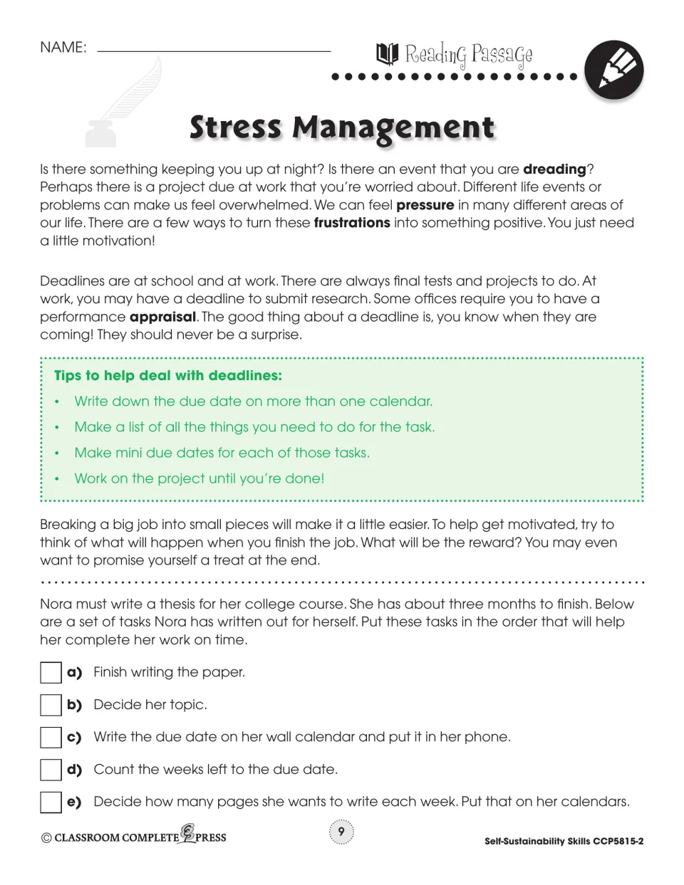 Reading passage on handling deadlines with tips; students sequence Nora's five thesis tasks in order to finish on time