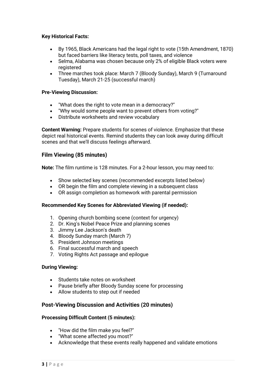 Film lesson continuation: historical facts, pre-viewing questions, selected scenes, and emotional reflection
