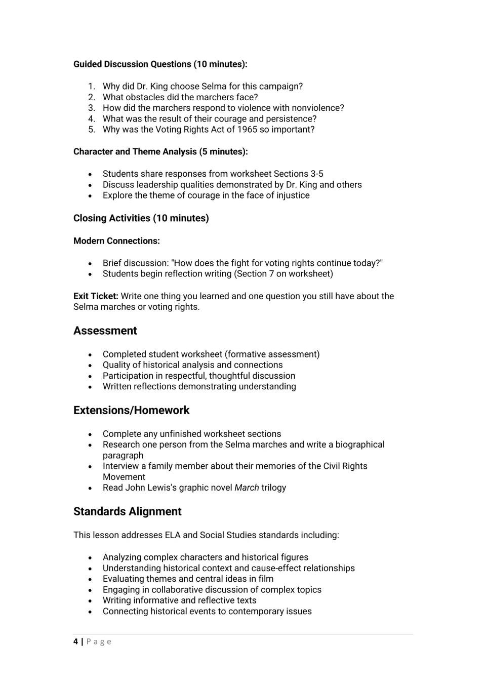 Film lesson continuation: discussion questions, character analysis, exit ticket, assessment, and homework