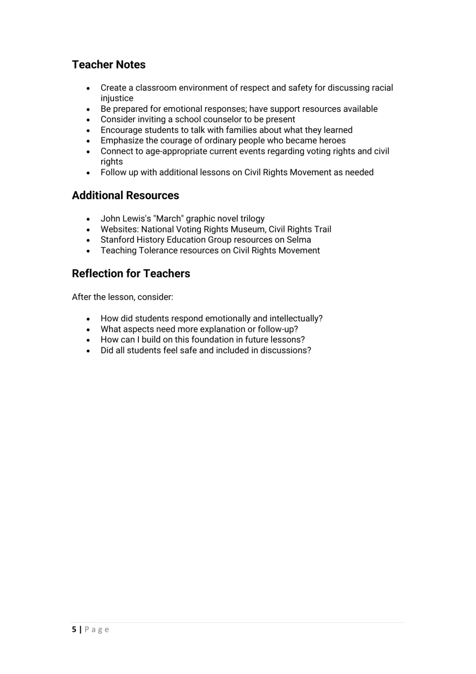 Teacher guidance for the film lesson: discussing racial injustice, additional resources, and reflection