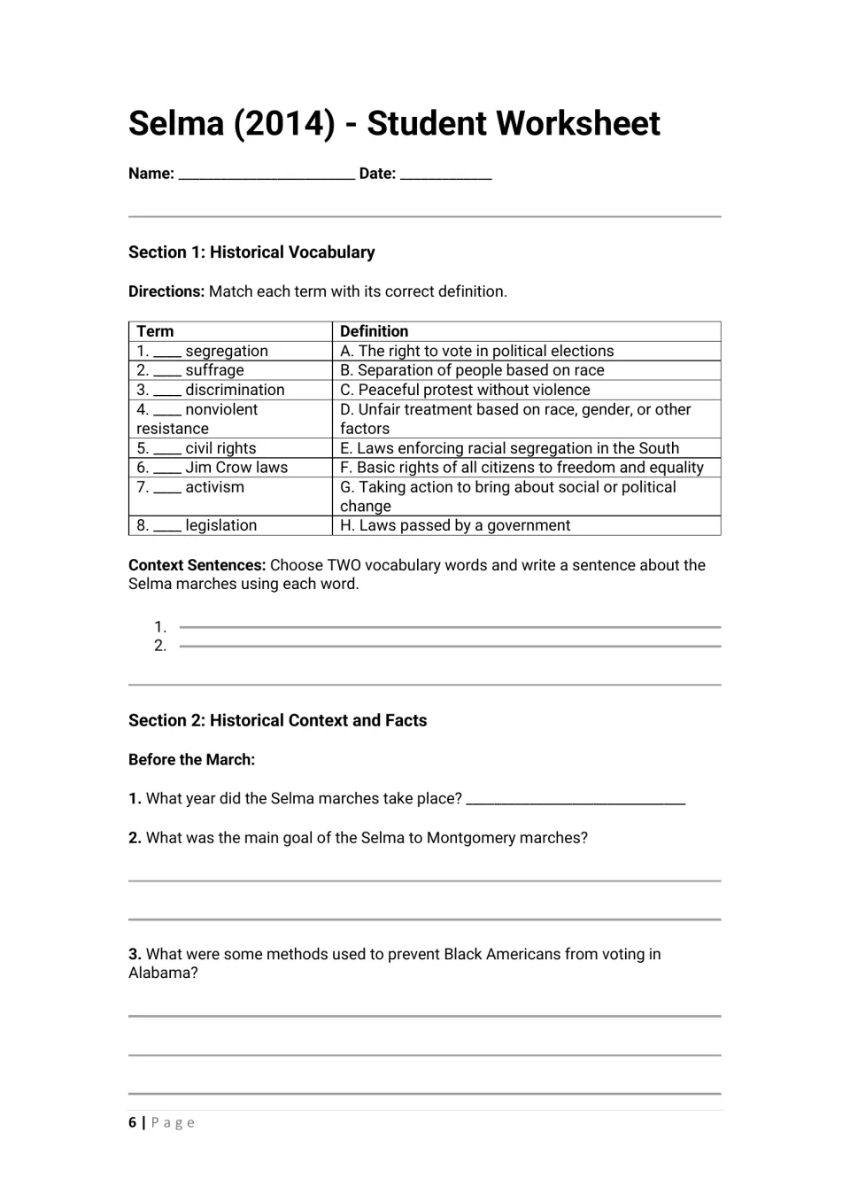 Student worksheet opening: eight civil rights vocabulary matches and questions about the Selma marches