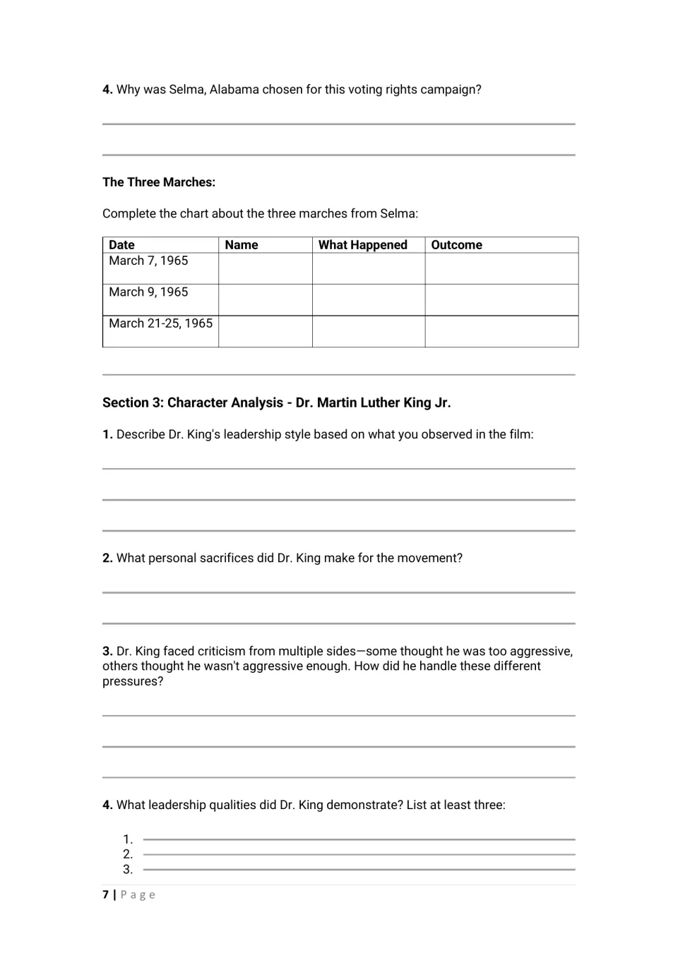 Student worksheet: compare the three Selma marches and analyze Dr. King's leadership, sacrifices, and pressures