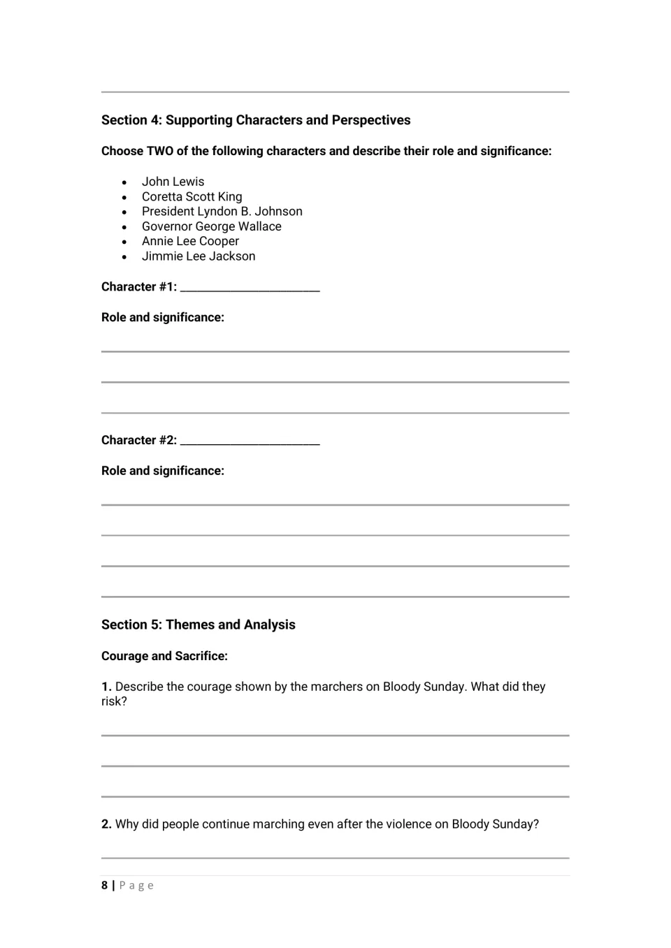 Student worksheet: choose two supporting characters to analyze and examine courage and sacrifice on Bloody Sunday