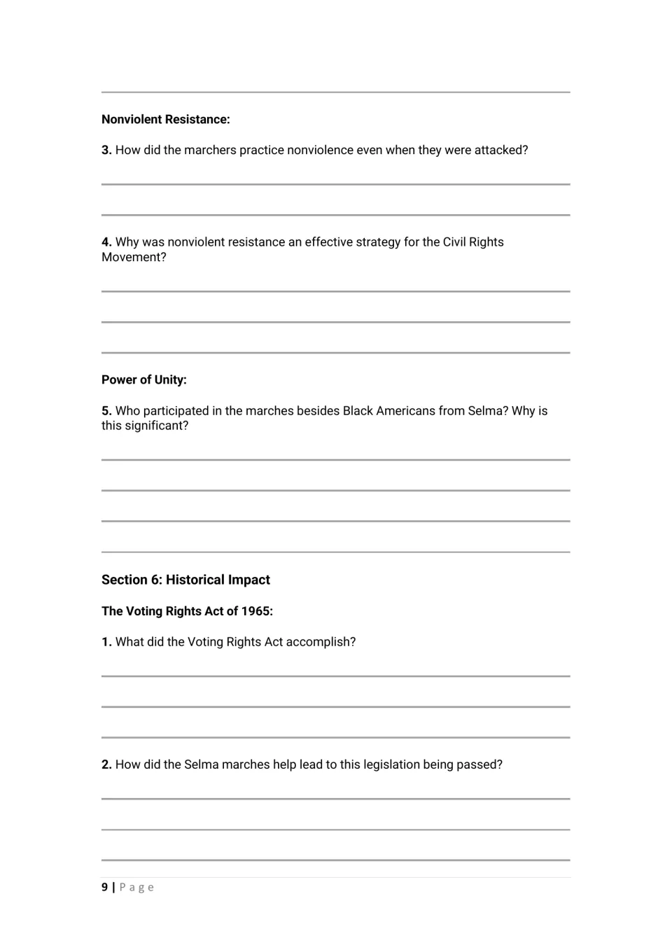 Student worksheet: questions about nonviolent resistance, unity, and the impact of the Voting Rights Act of 1965