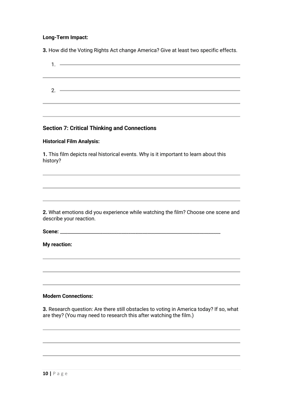 Student worksheet: voting rights effects, historical film analysis, emotional responses, and modern voting barriers