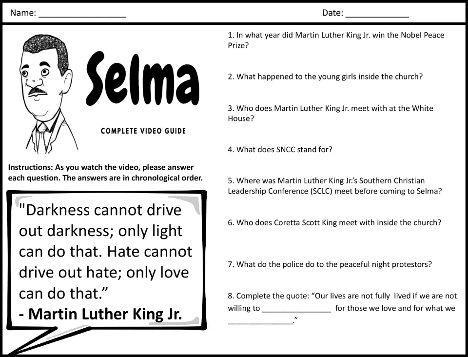 Video guide questions 1-8 on the Selma film: students answer in order, including the SNCC and Nobel Peace Prize items