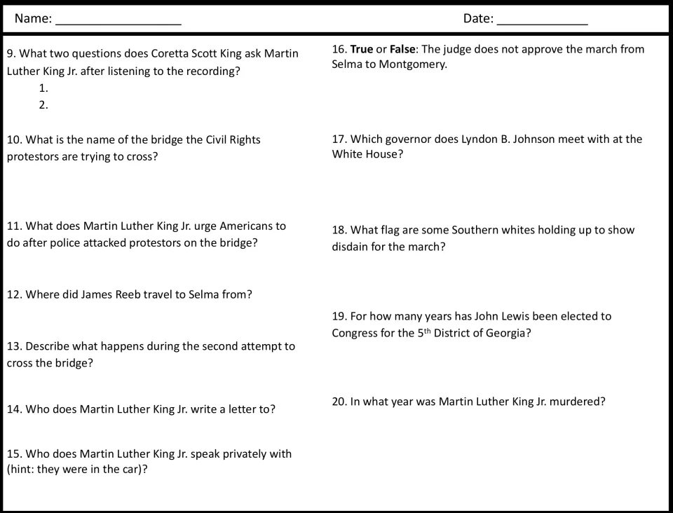 Video guide questions 9-20 on the film: short answers on the bridge crossing, James Reeb and a true or false item