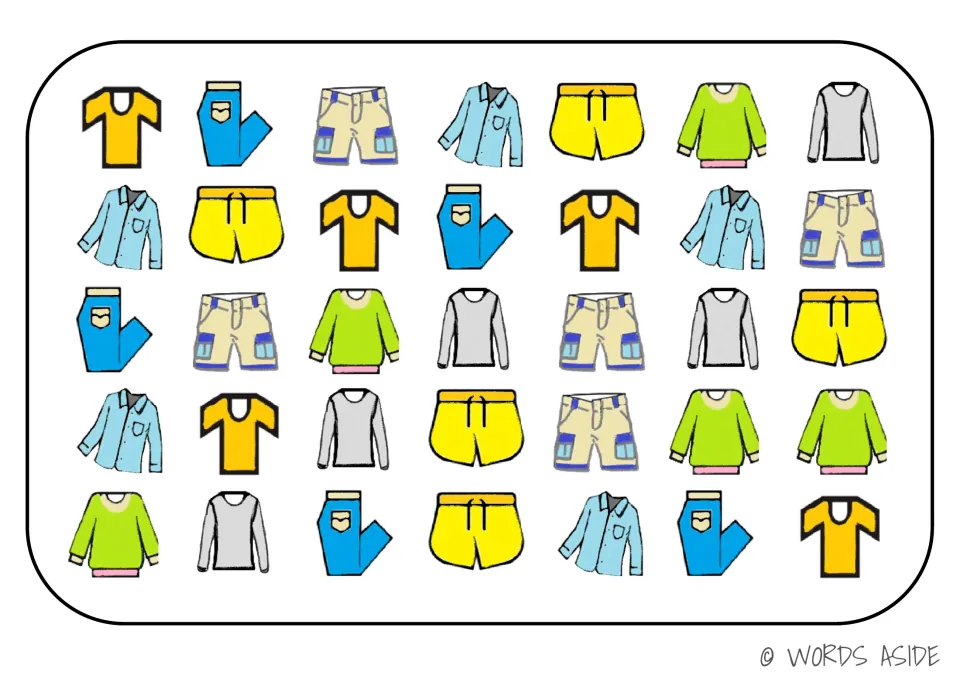 Color clothing activity board: 35 pictures of T-shirts, pants, shorts, collared shirts and long-sleeve tops
