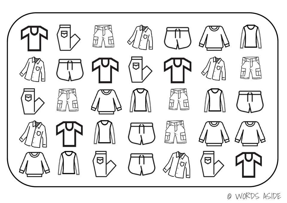 Black-and-white clothing activity board: 35 pictures including T-shirts, pants, cargo shorts and sweaters