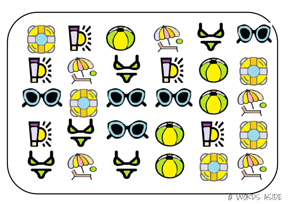 Color swim-items activity board with life rings, sunscreen, beach balls, umbrellas, and two more types.