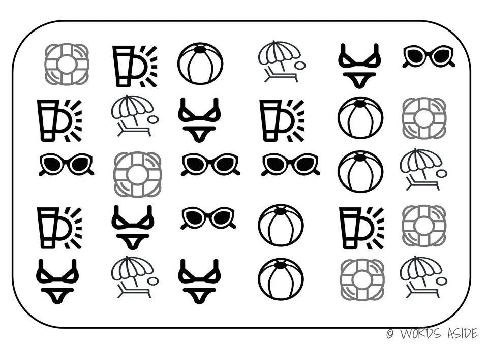 Black-and-white swim-items board with life rings, sunscreen, beach balls, umbrellas, and two more types.
