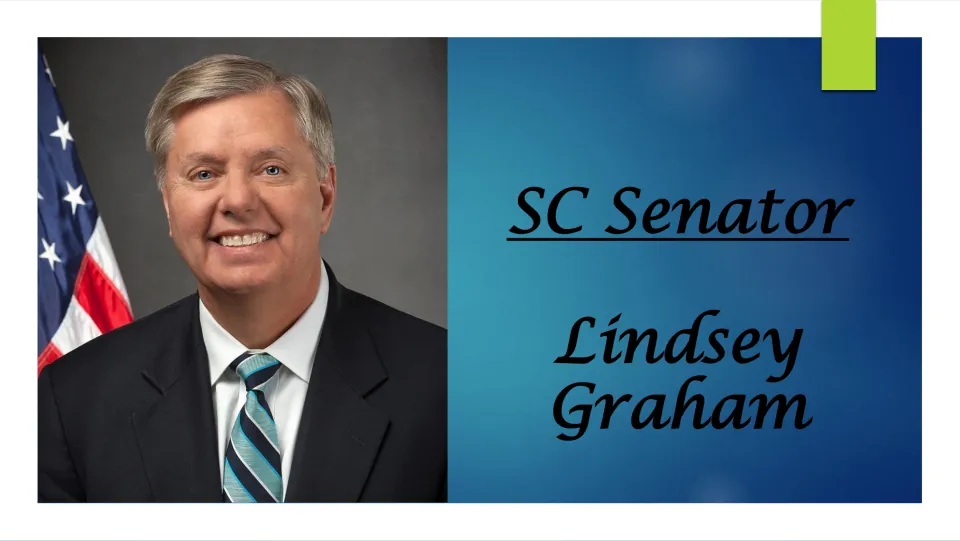 Title slide for a biography of SC Senator Lindsey Graham, shown in a portrait beside an American flag