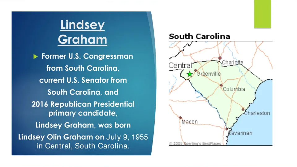 Graham's early life: slide lists his roles and July 9, 1955 birth in Central, SC, with a map of South Carolina