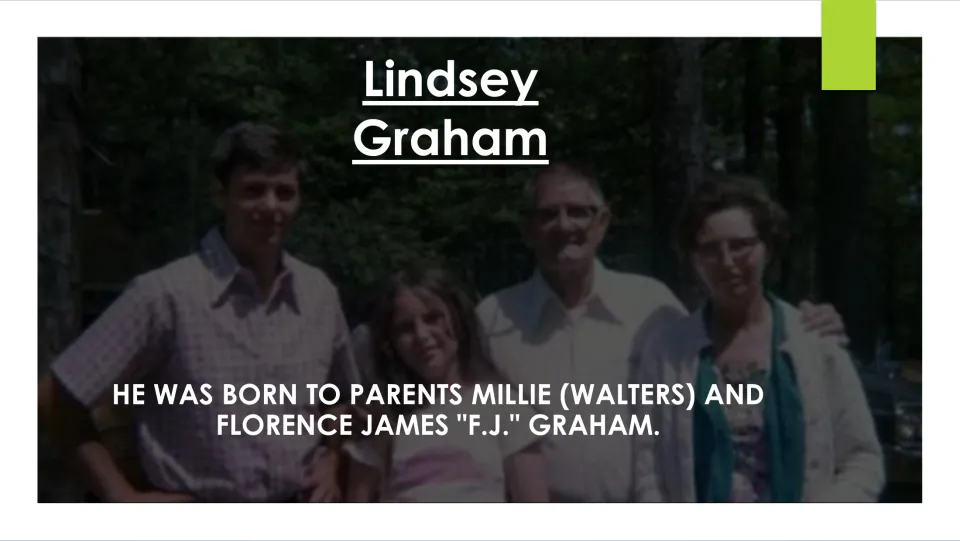 Graham's family: slide names his parents, Millie (Walters) and Florence James F.J. Graham, over a family photo