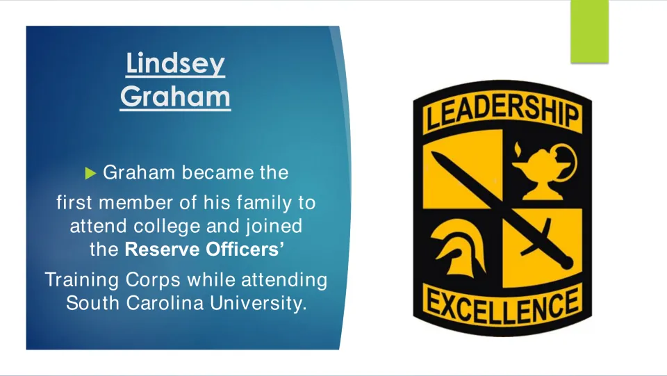 Graham in college: first in his family to attend college, he joined ROTC; slide shows an ROTC patch