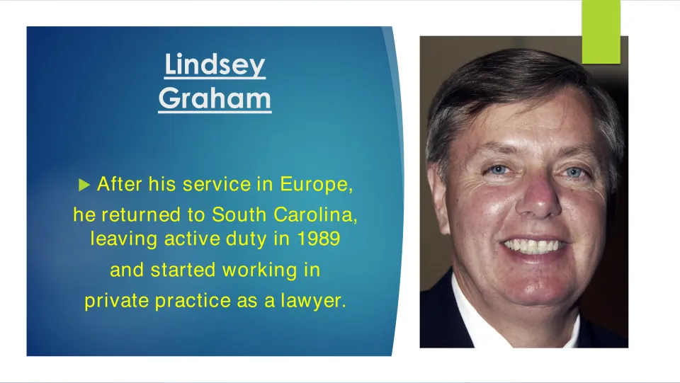 Return home: Graham left active duty in 1989 and began private law practice in South Carolina, shown in a portrait photo