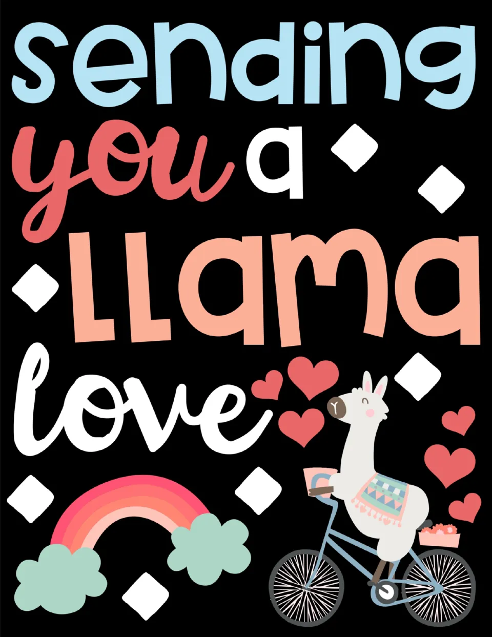 Complete poster design for the Valentine's Day classroom display reads 'Sending you a llama love'