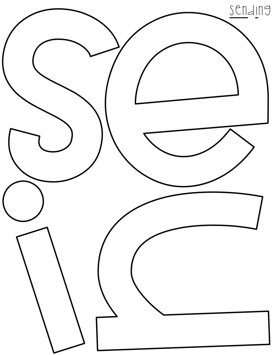 First outline letter sheet for 'sending,' part of the kit's 'Sending you a llama love' display message