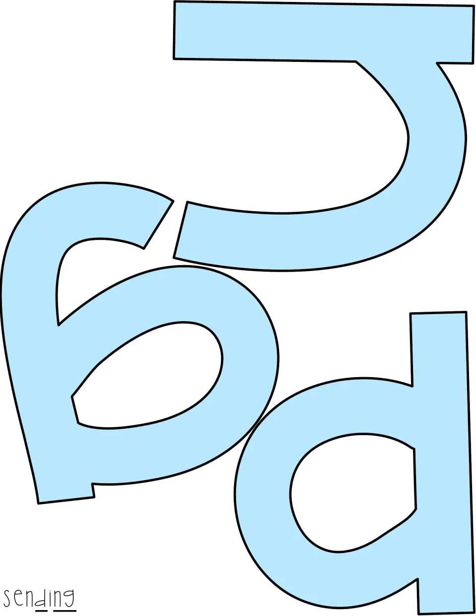 Second light blue letter sheet for 'sending,' completing the colored word for the classroom display