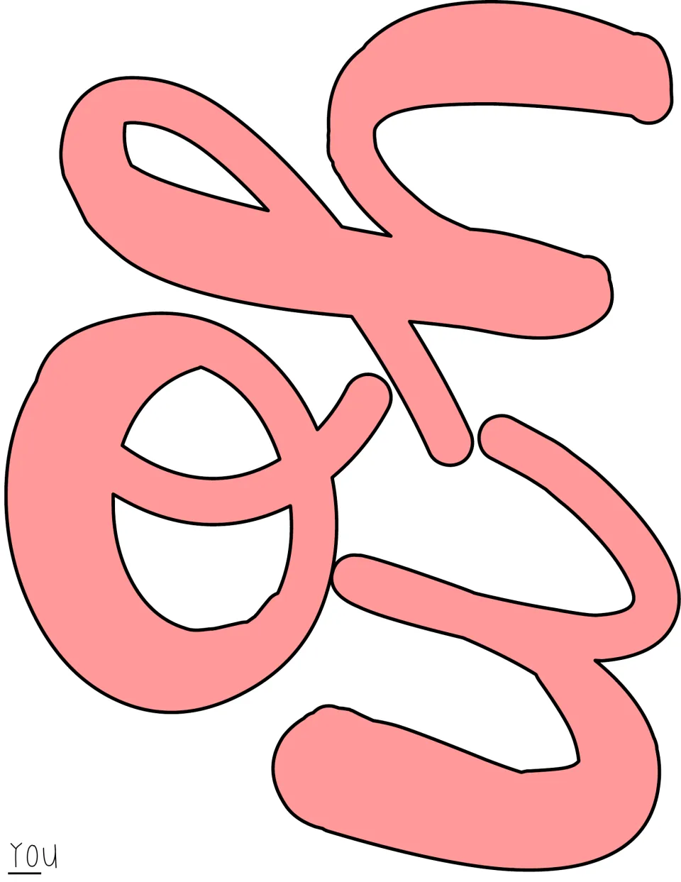 Pink script lettering spells 'you,' the colored alternative to the outline word for the classroom display