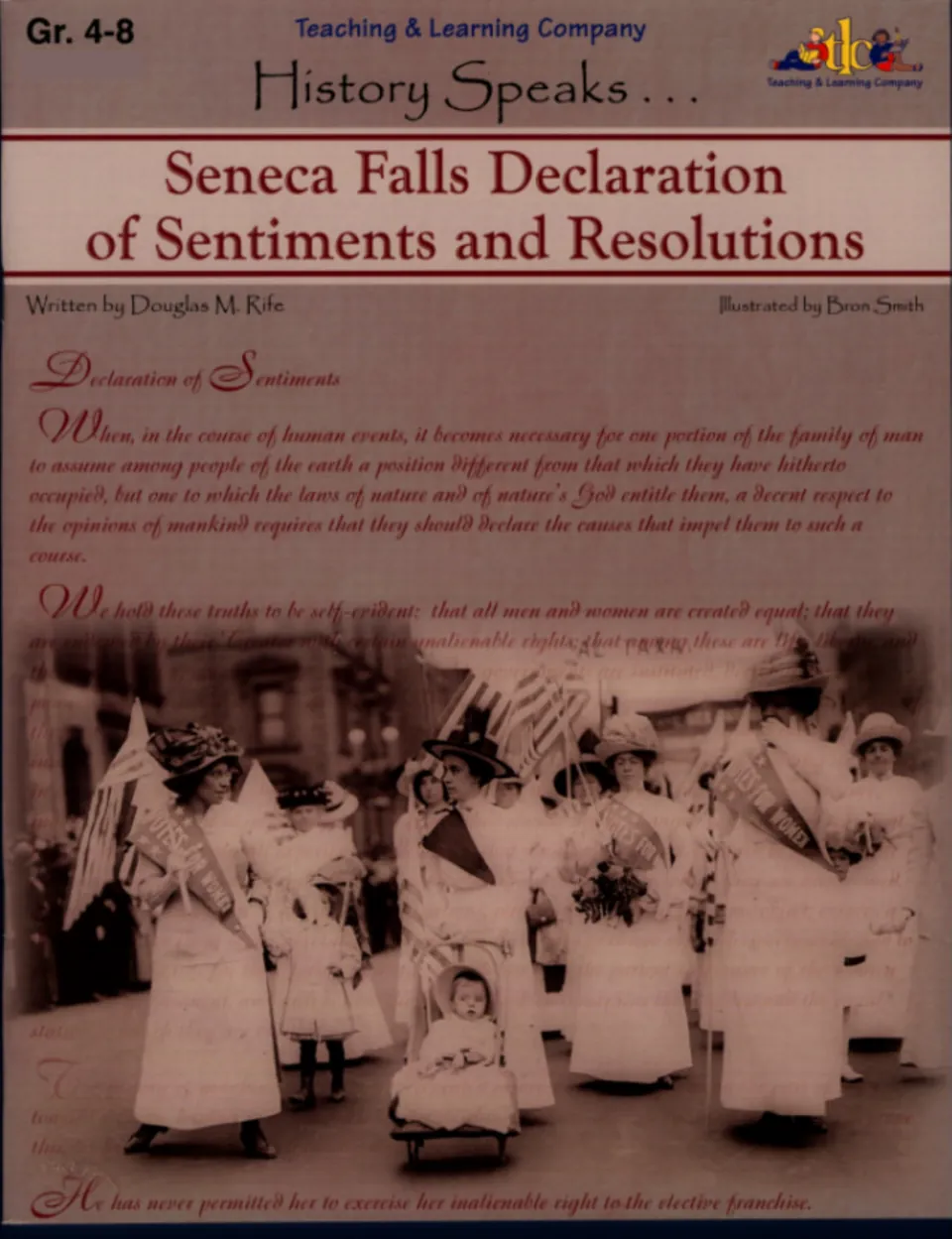 Seneca Falls Declaration of Sentiments and Resolutions cover, Gr. 4-8, over a photo of women marching for suffrage