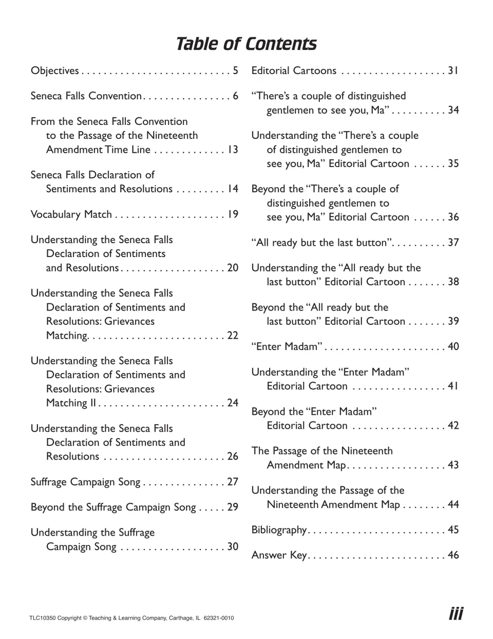 Table of contents: Objectives (p. 5) through Answer Key (p. 46), with time line, song, cartoon and map sections