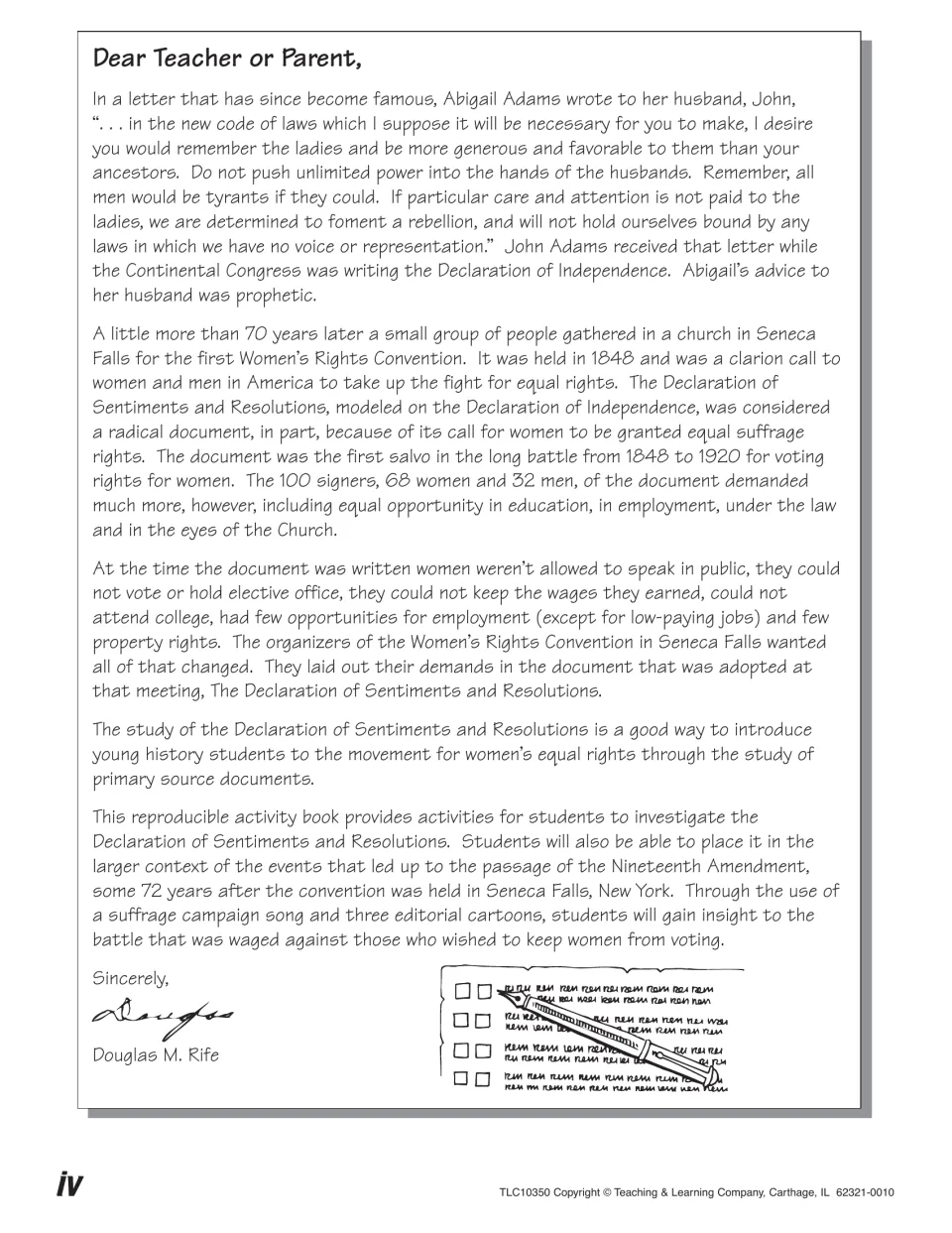 Letter to teachers and parents quoting Abigail Adams' 'remember the ladies' and introducing the 1848 convention