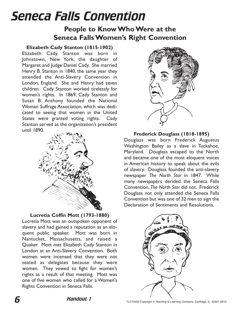 Handout 1 'People to Know': bios of Elizabeth Cady Stanton, Frederick Douglass and Lucretia Mott, with portraits