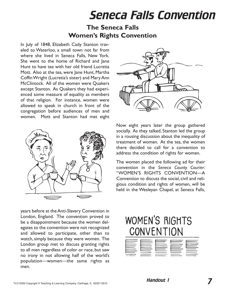 Handout 1 reading on the July 1848 tea at the Hunt home in Waterloo where the women decided to call a convention