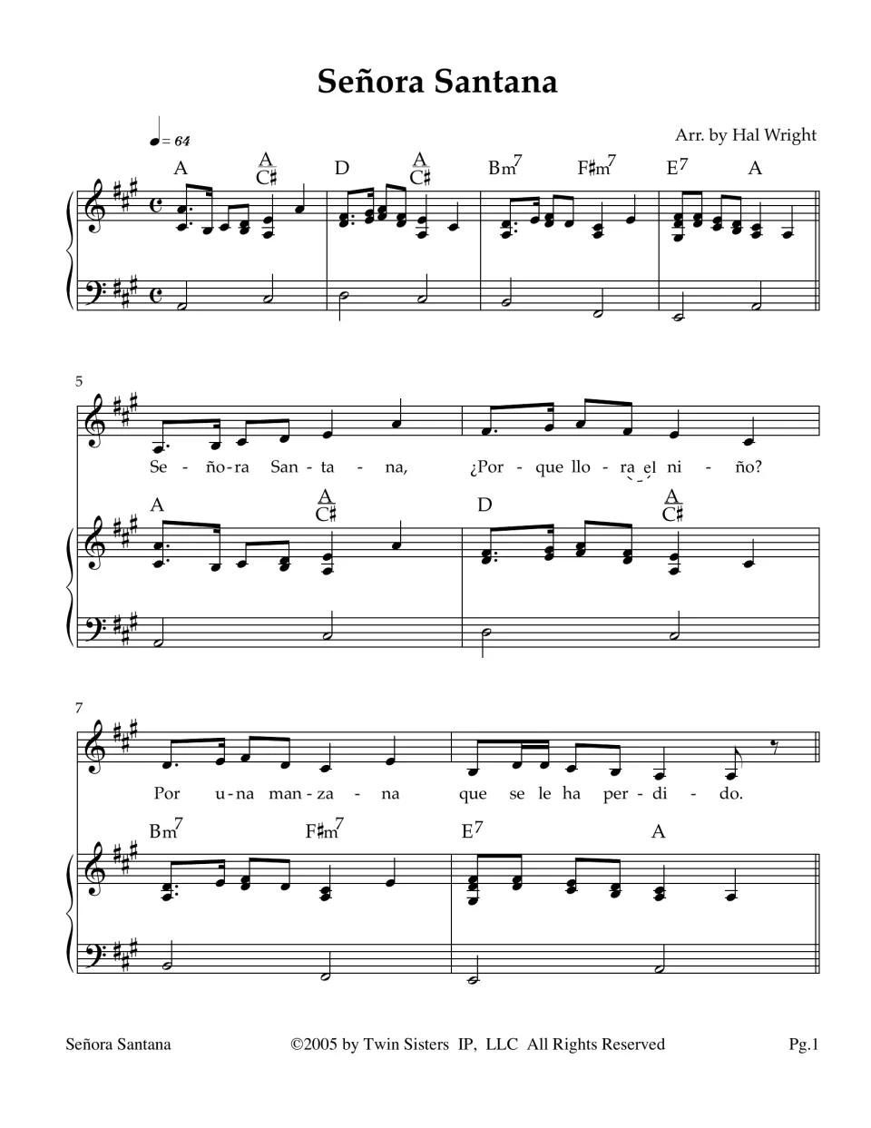 Señora Santana in A major, arr. Hal Wright: piano intro and verse 1 bars 1-8 with Spanish lyrics and chord symbols