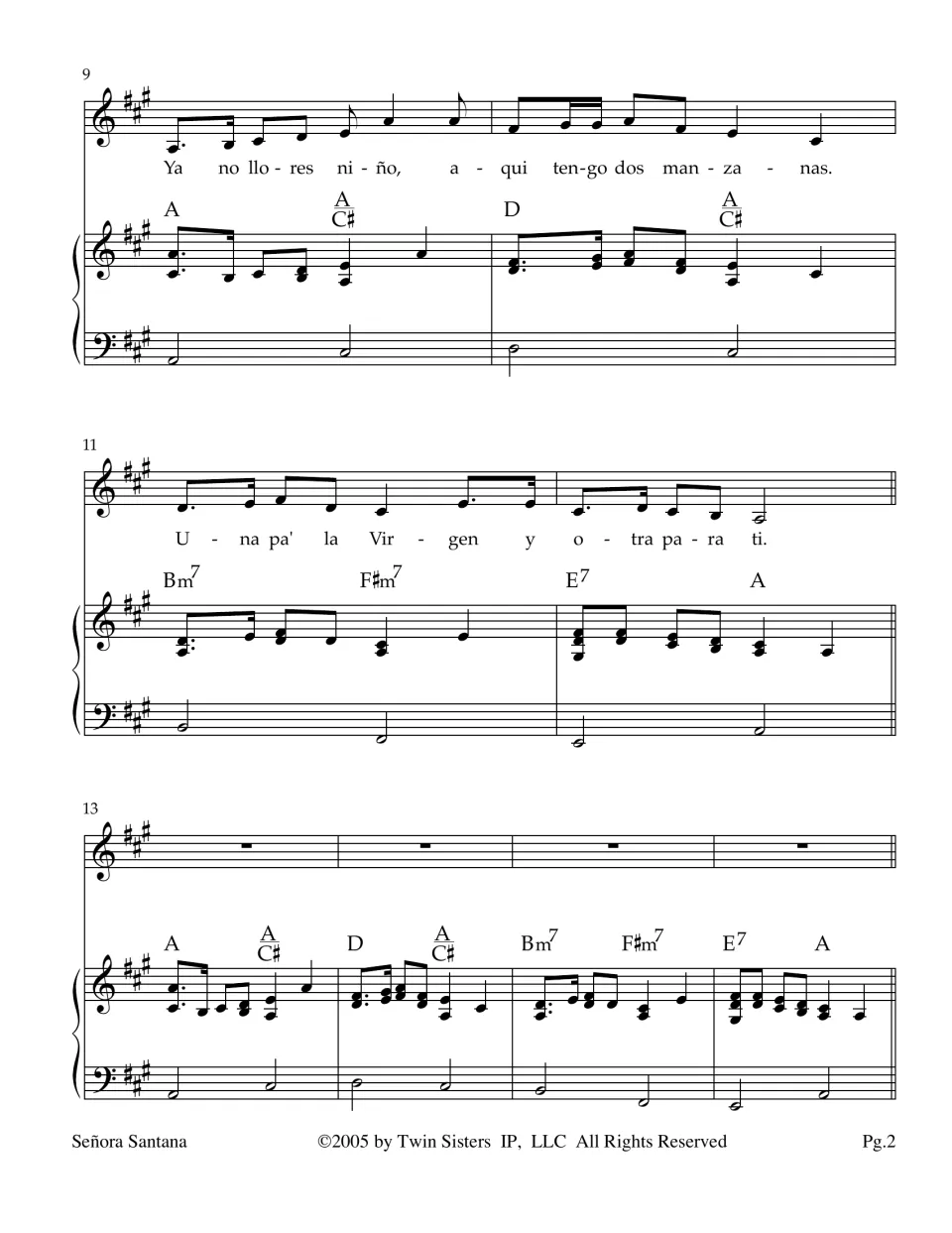 Spanish song score, bars 9-16: vocal line 'Ya no llores niño, aqui tengo dos manzanas' then a piano interlude