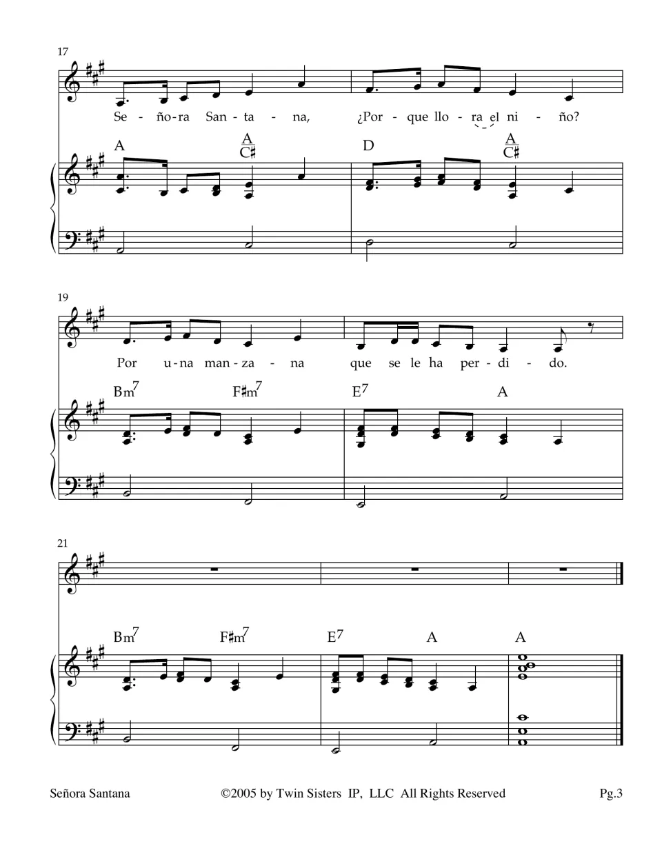 Spanish song ending, bars 17-23: repeat of the opening verse lyrics, then piano outro closing on a held A chord