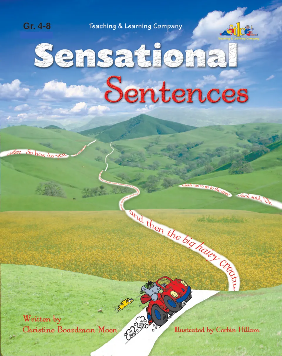 Sensational Sentences cover by Christine Boardman Moen: a cartoon character drives along a road made of sentence text
