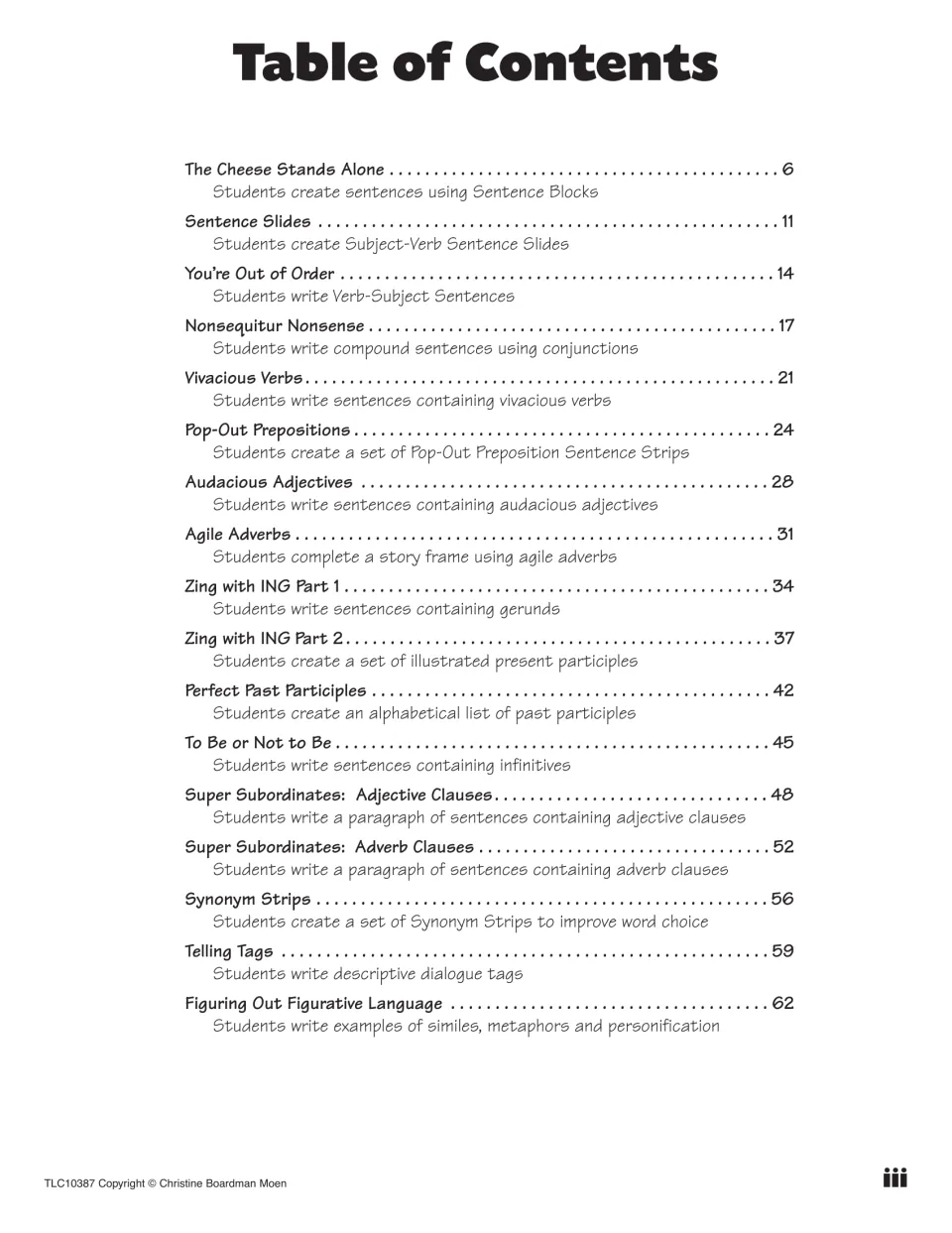 Table of contents listing 18 lessons, from simple sentences and conjunctions to verbals, clauses and figurative language